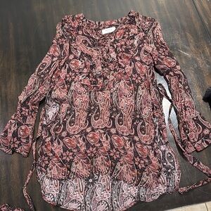 Bailey 44 Pink and Black Ruffled Tie Front Blouse NEW NEVER BEEN WORN